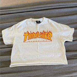 Thrasher Cropped White Tee with Yellow & Orange Flame Logo